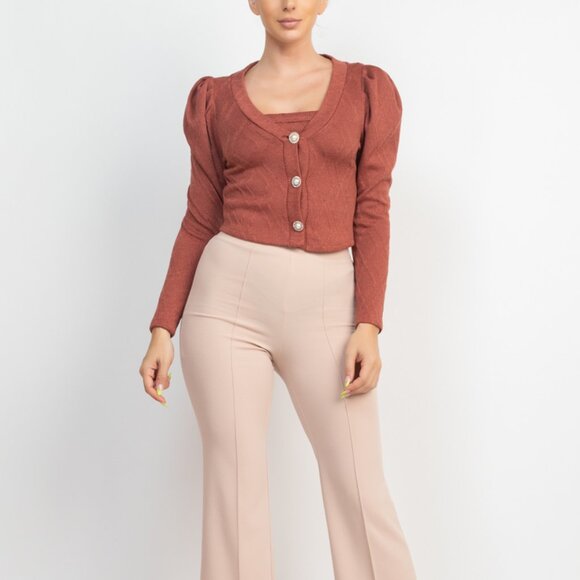 Geometric Cami Puff Sleeves Blazer Top Set - Picture 2 of 5